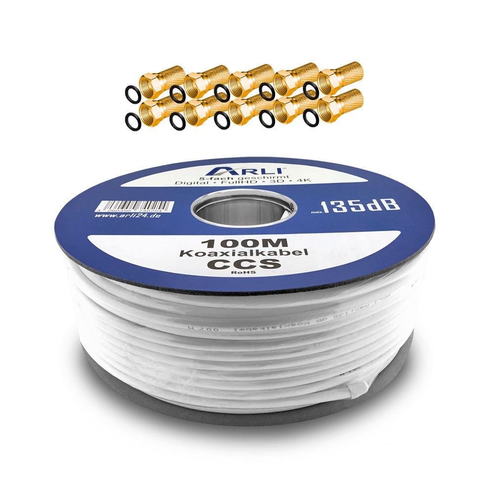 100m ARLI Koaxialkabel max. 135dB + 10x F-Stecker vergoldet Kabel 135dB satelliten kabel digitaltauglich konfektionierte TV-Kabel DVB-S DVB-C DVB-T 4-fach 5fach schirmung meterware verlegekabel Adapter doppel schüssel 130db 120db 110db Weiß Internetanschl