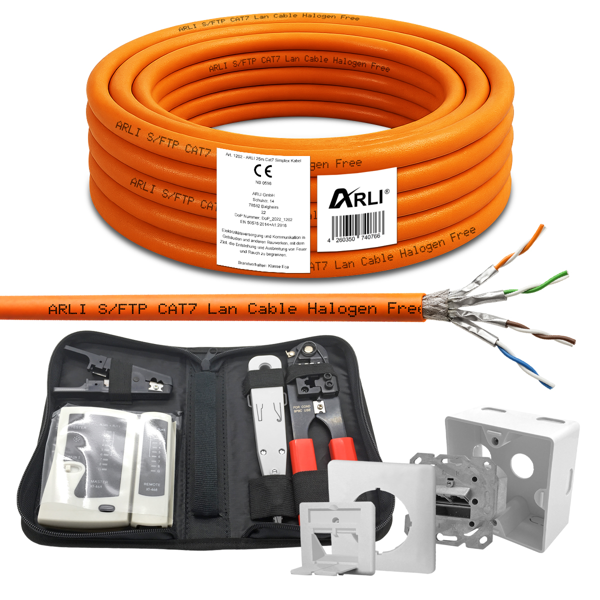 ARLI 25 m Cavo di Installazione Cat7 S/FTP LSZH + Presa di Rete Cat6a + Set di Attrezzi con Pinza Crimpatrice LSA Tester