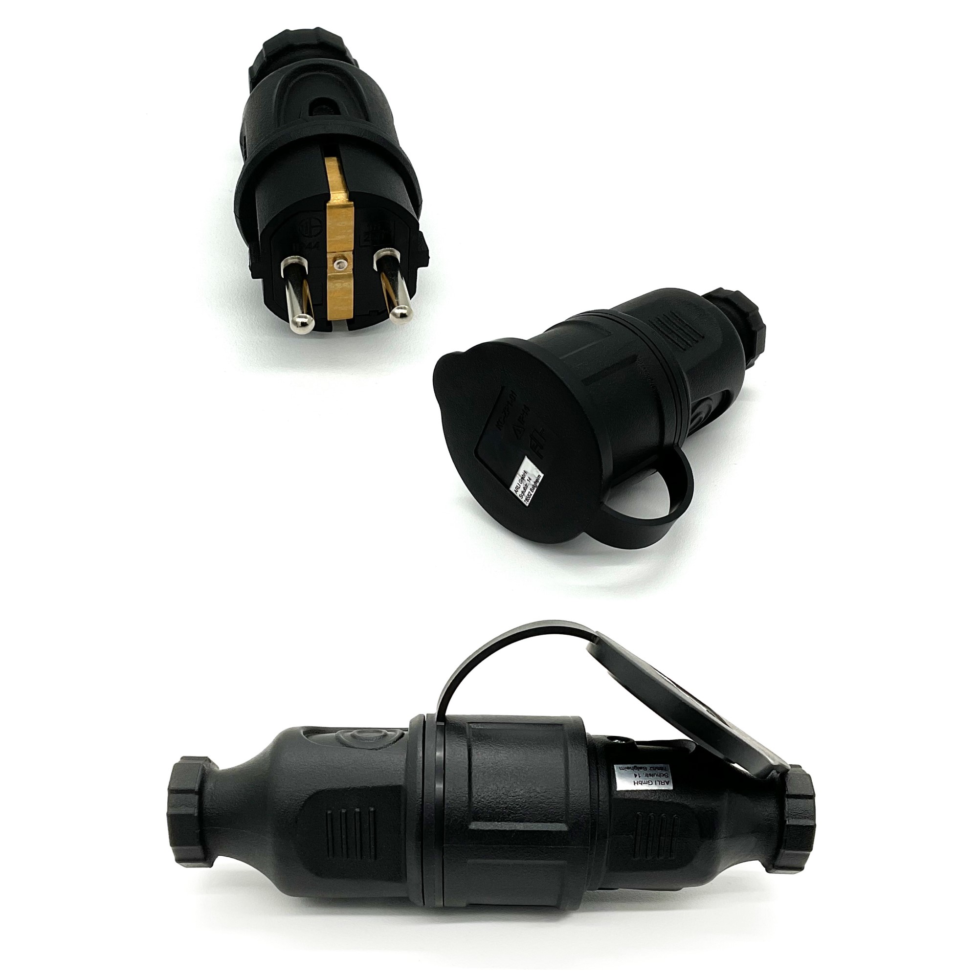 ARLI spina con contatto di protezione + presa con contatto di protezione con coperchio 16A IP44 – set
