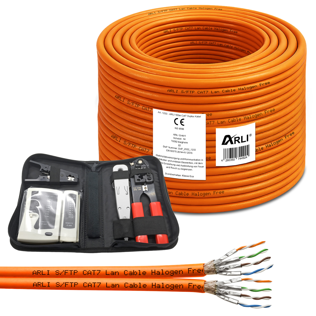ARLI Cavo da posa Cat7 Duplex 100 m S/FTP LSZH PIMF + Set di strumenti Pinza crimpatrice LSA Tester spelafili Cavo di rete Arancione