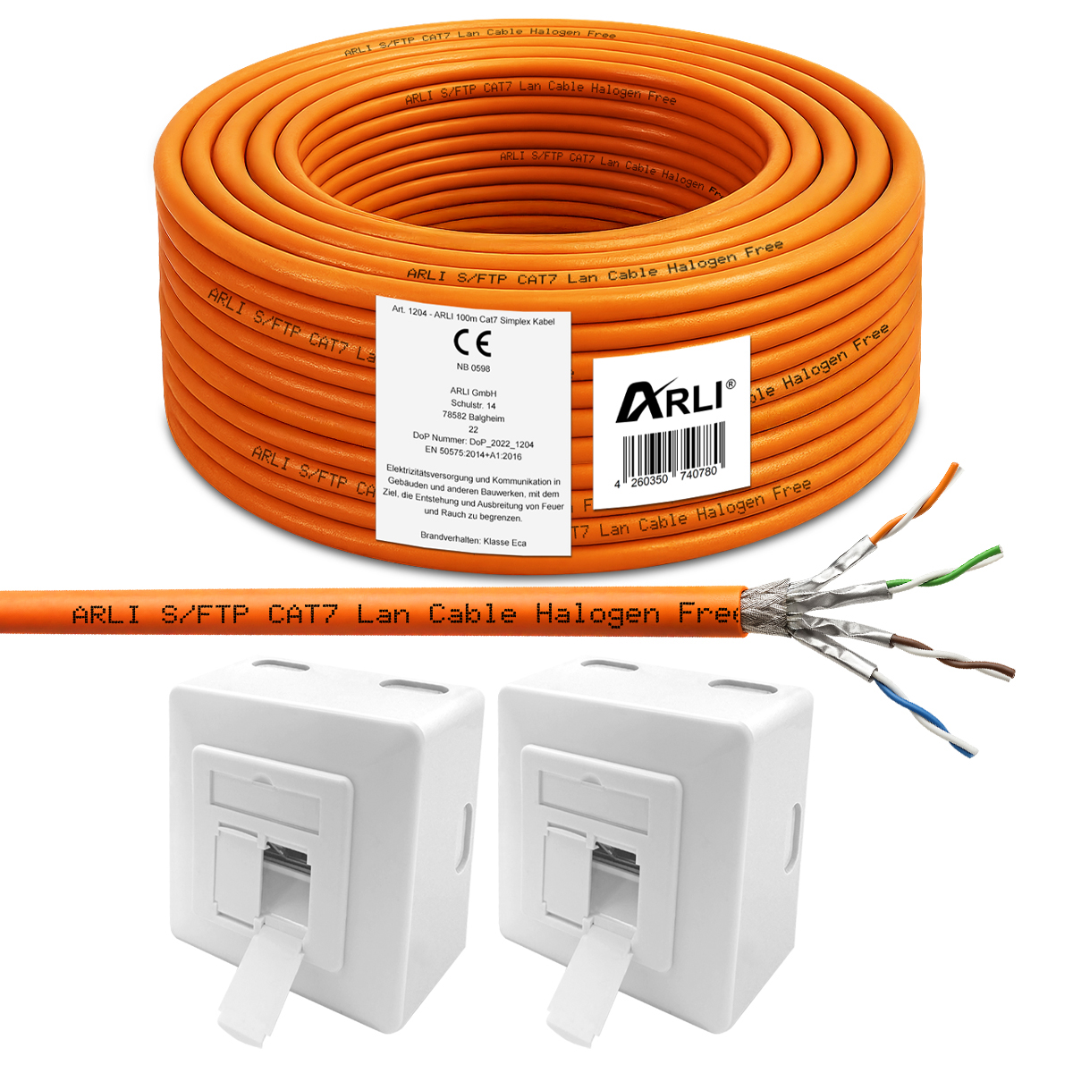 ARLI 100 m cavo da installazione Cat7 S/FTP LSZH PIMF + 2x presa di rete Cat6a – cavo di rete privo di alogeni