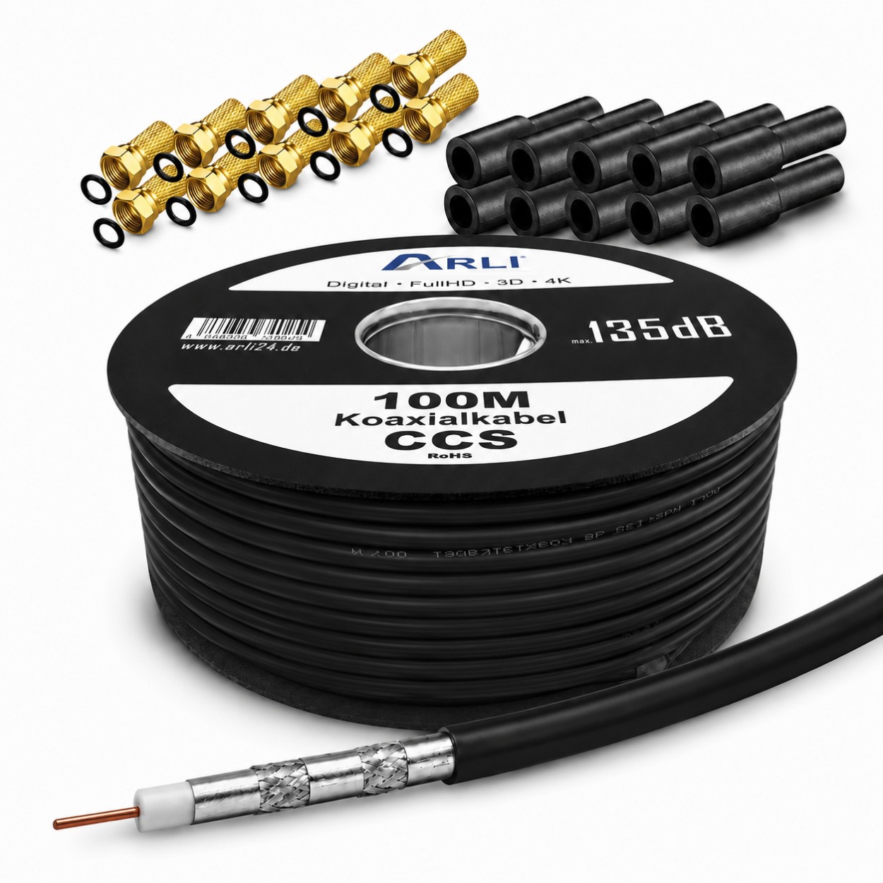 100m Koaxialkabel schwarz 135 dB 10x F Stecker vergoldet + Gummitülle Kabel 135dB satelliten kabel digitaltauglich konfektionierte TV-Kabel DVB-S DVB-C DVB-T 4-fach 5fach schirmung meterware verlegekabel Adapter doppel schüssel 130db 120db 110db Weiß Inte