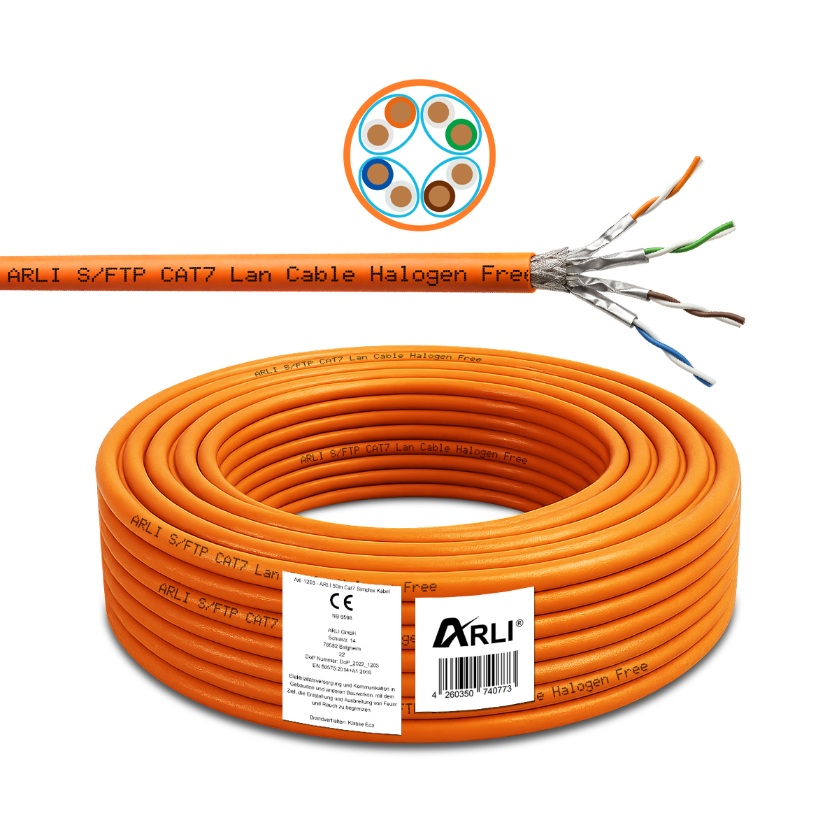 arli lan kabel 25m netzwerkkabel ethernet cat 7 6 cat6a patchkabel lankabel verlegekabel verlege datenkabel kat7 kat simplex intallationskabel it daten patchpanel netzwerkdose netzwerkschrank server orange patchlabel rj45 stecker unterputz AWG23