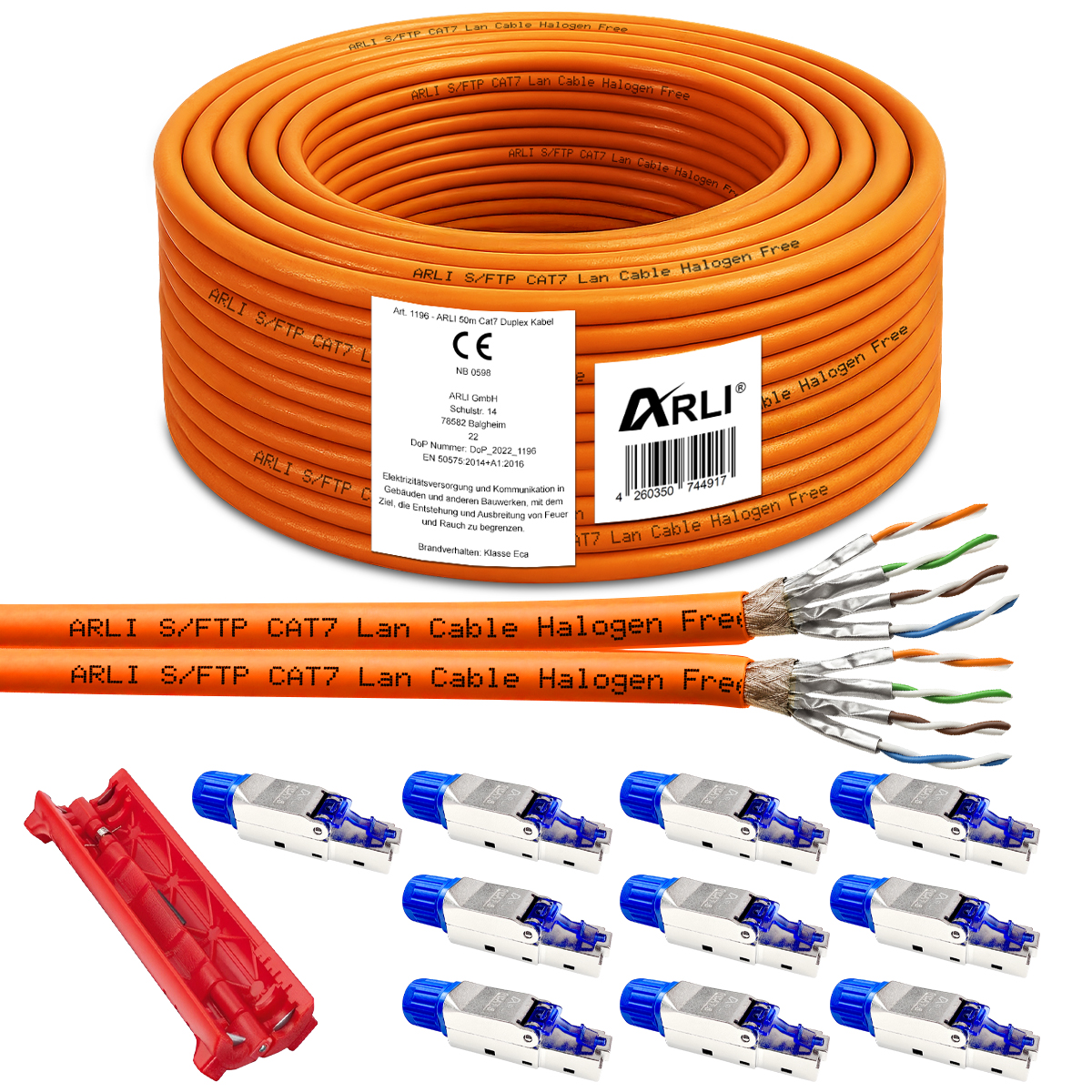ARLI Cavo di posa Cat7 Duplex 50 m S/FTP LSZH + 10x connettori RJ45 Cat8.1 senza attrezzi + coltello spelacavi cavo Ethernet LAN arancione
