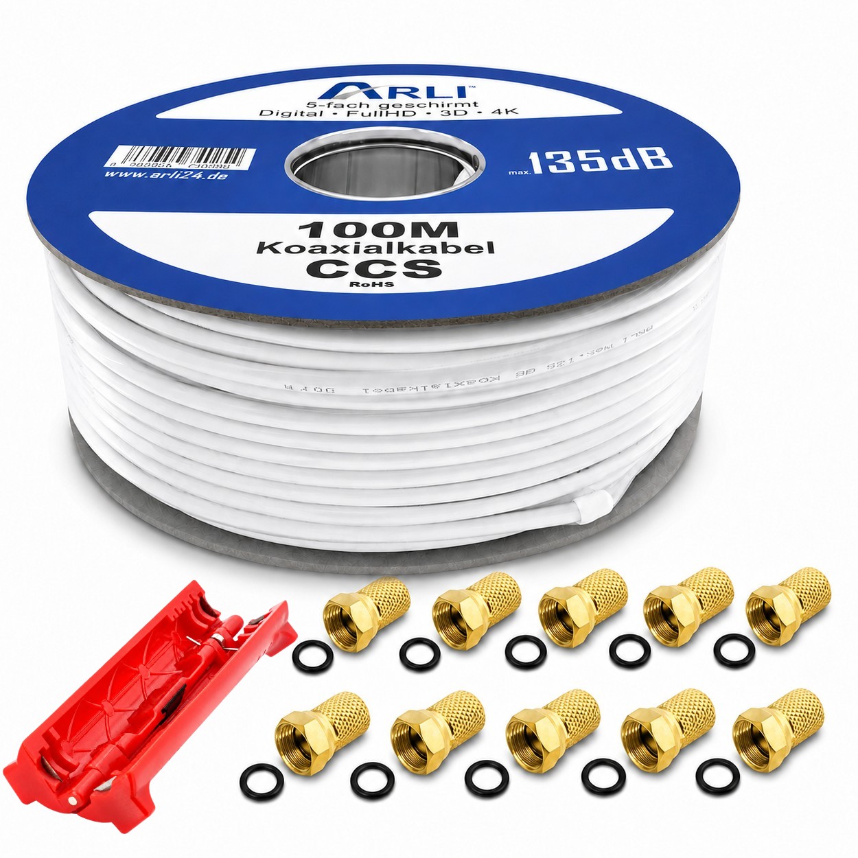 100m ARLI Cavo coassiale – max. 135 dB schermato 5 volte resistente ai raggi UV + Spellafili & 10x Connettori F dorati per DVB-S DVB-T2 4K HDTV