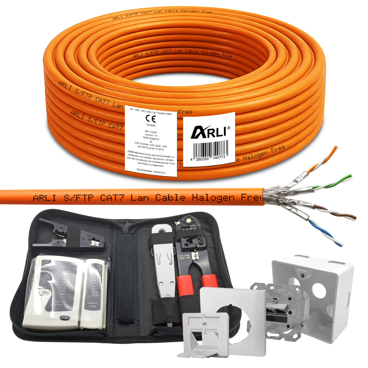 ARLI Cavo di installazione Cat7 50 m S/FTP PIMF senza alogeni + presa di rete Cat6a + pinza crimpatrice LSA tester di rete coltello spelacavi borsa attrezzi