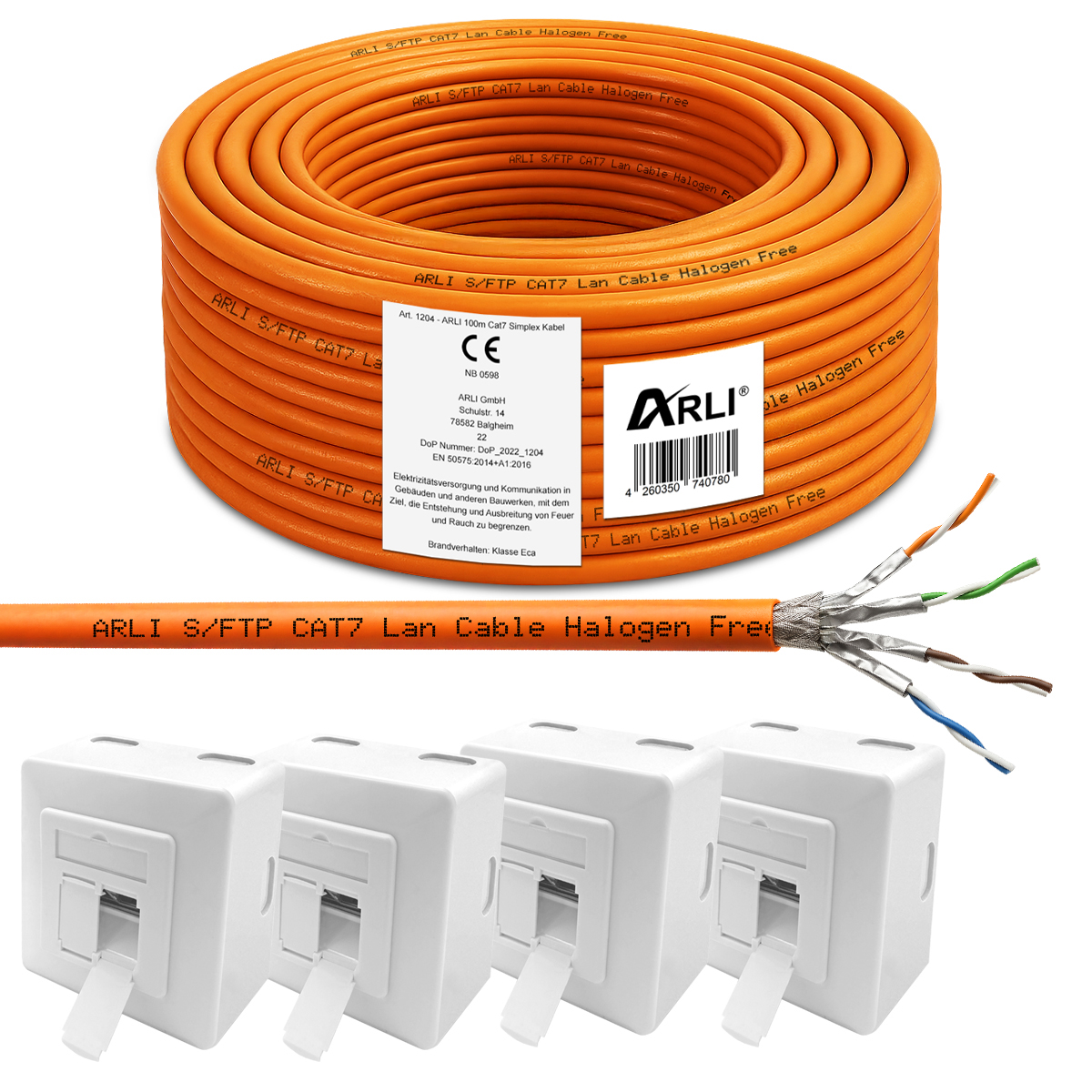 ARLI 100 m cavo da installazione Cat7 S/FTP LSZH PIMF + 4x presa di rete Cat6a cavo di rete privo di alogeni