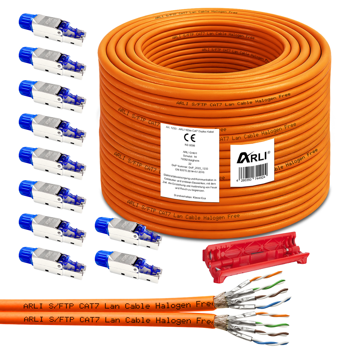 ARLI Cavo da posa Duplex Cat7 100 m S/FTP LSZH + 10x RJ45 Cat8.1 senza attrezzi + spelafili cavo di rete arancione