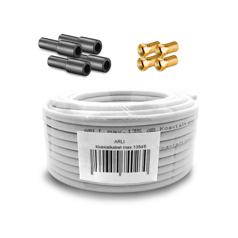 50m ARLI Koaxialkabel max. 135dB + 4x F-Stecker vergoldet + 4x Gummitülle Kabel 135dB satelliten kabel digitaltauglich konfektionierte TV-Kabel DVB-S DVB-C DVB-T 4-fach 5fach schirmung meterware verlegekabel Adapter doppel schüssel 130db 120db 110db Weiß