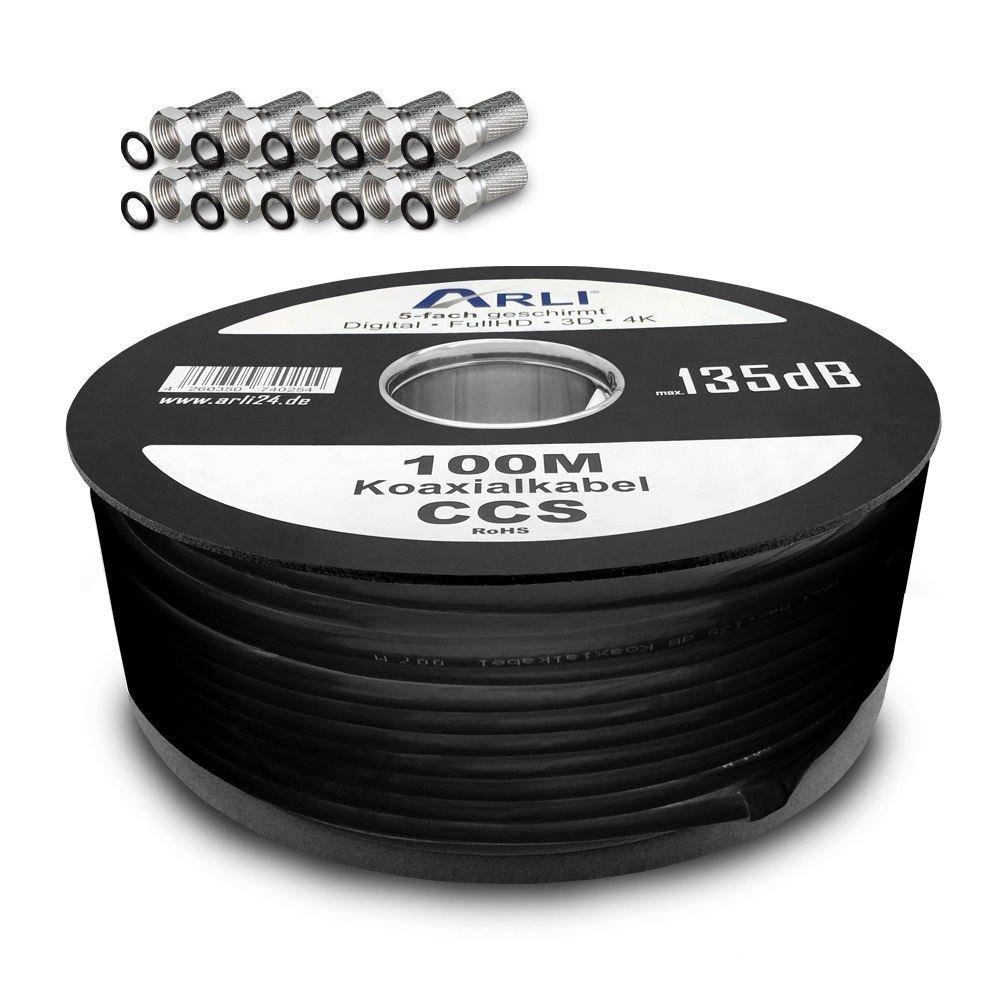 100m Koaxialkabel schwarz 135dB + 100x F Stecker Kabel 135dB satelliten kabel digitaltauglich konfektionierte TV-Kabel DVB-S DVB-C DVB-T 4-fach 5fach schirmung meterware verlegekabel Adapter doppel schüssel 130db 120db 110db Weiß Internetanschluss KabelBW