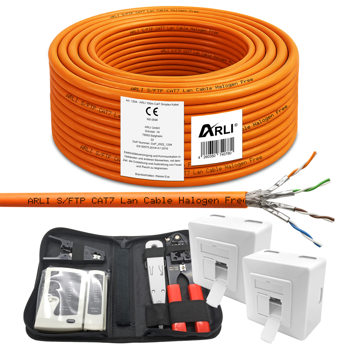 ARLI 100 m cavo da installazione Cat7 + 2 prese di rete + set di strumenti con pinza crimpatrice LSA tester di rete coltello set di rete