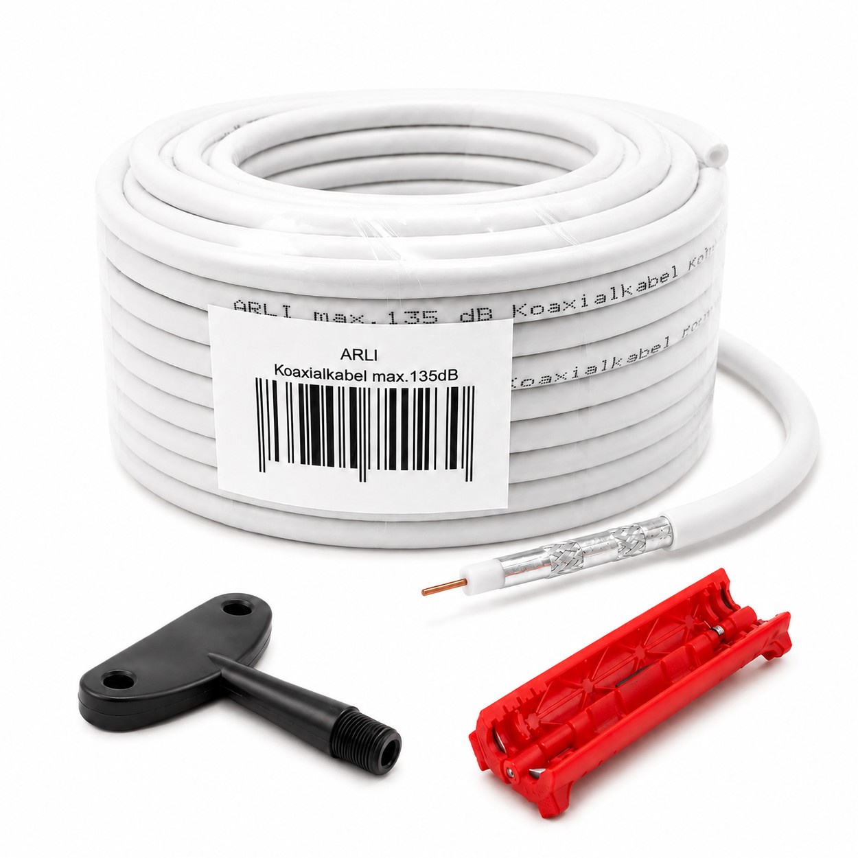50m ARLI Koaxialkabel max. 135dB + Montage Werkzeug-Set Kabel 135dB satelliten kabel digitaltauglich konfektionierte TV-Kabel DVB-S DVB-C DVB-T 4-fach 5fach schirmung meterware verlegekabel Adapter doppel schüssel 130db 120db 110db Weiß Internetanschluss
